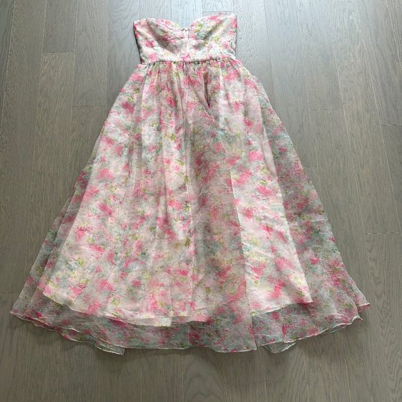 ML Monique Lhuillier Floral Organza Strapless Pink Midi Dress Sweetheart Size 8 - Picture 2 of 11